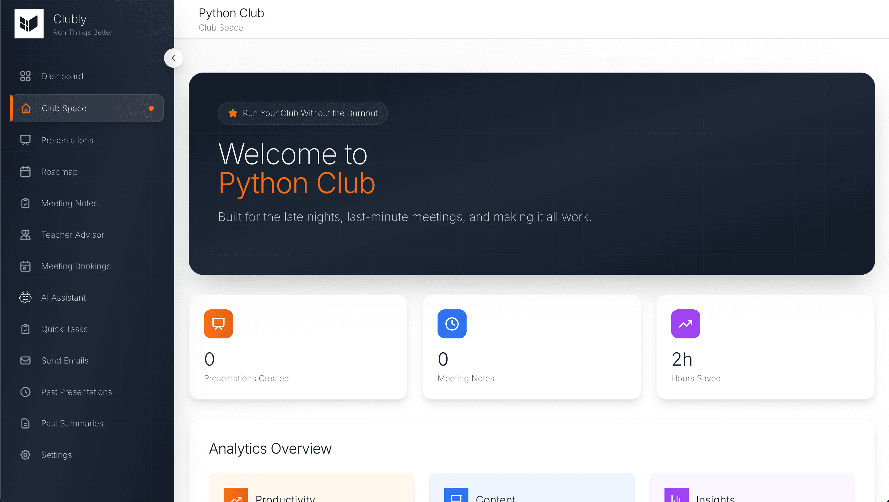 Clubly dashboard preview