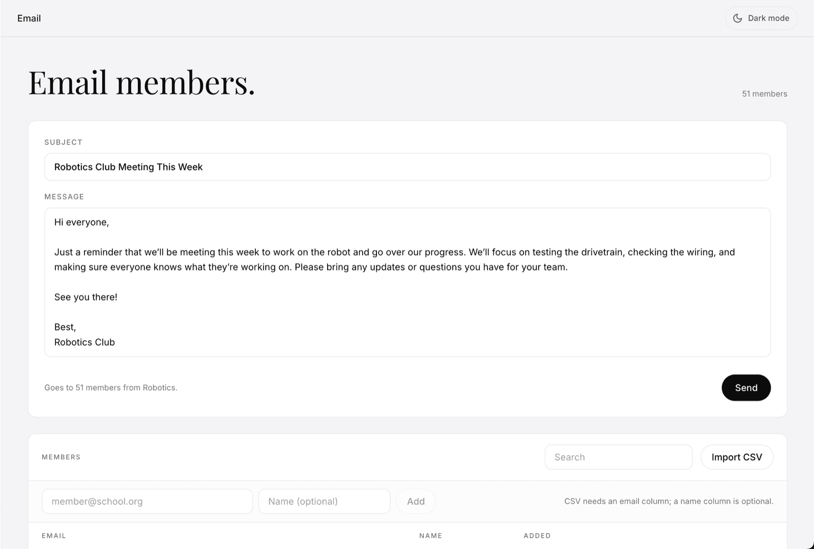Email composer addressed to 51 members