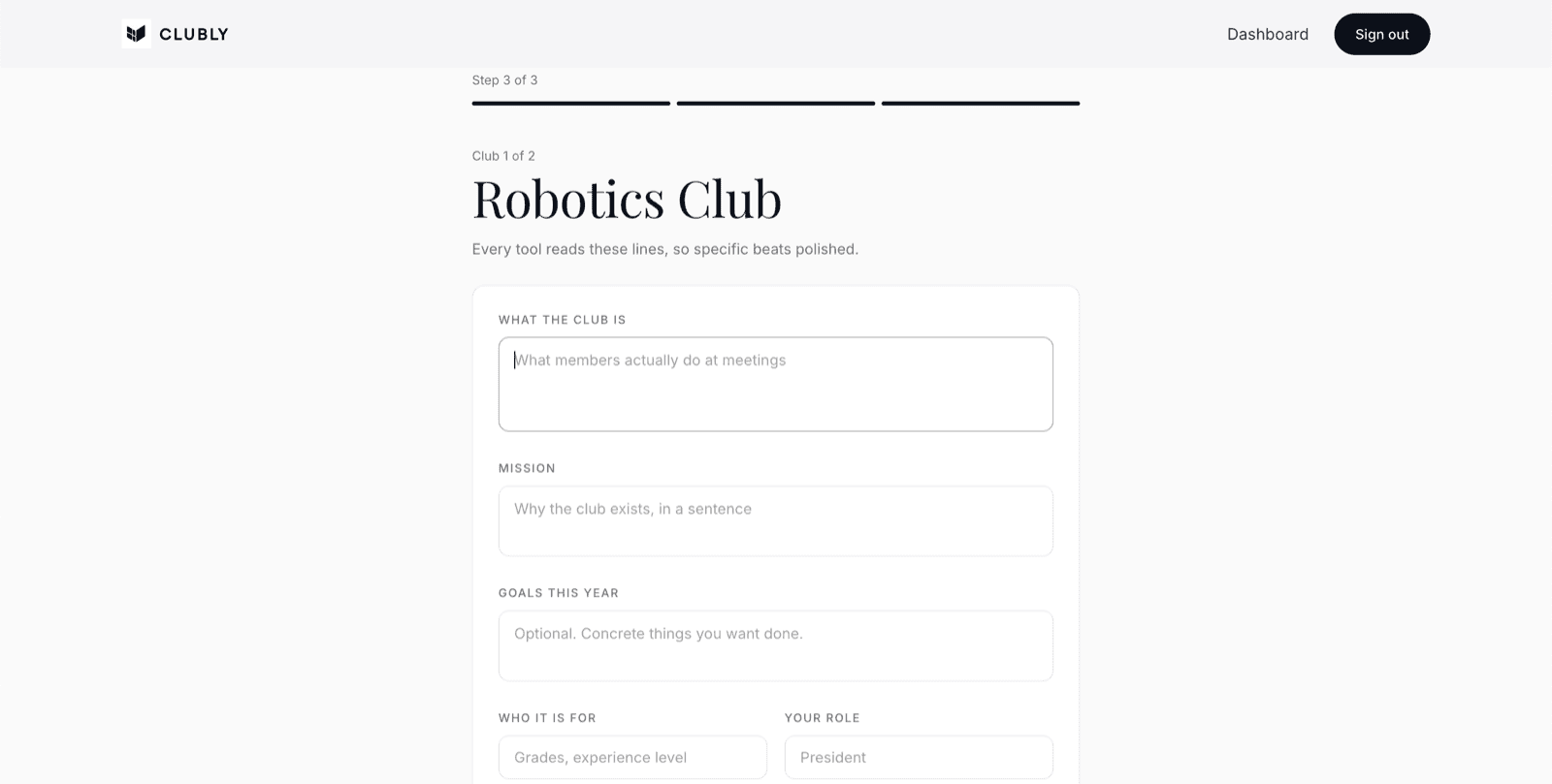 Onboarding, step three: the club profile